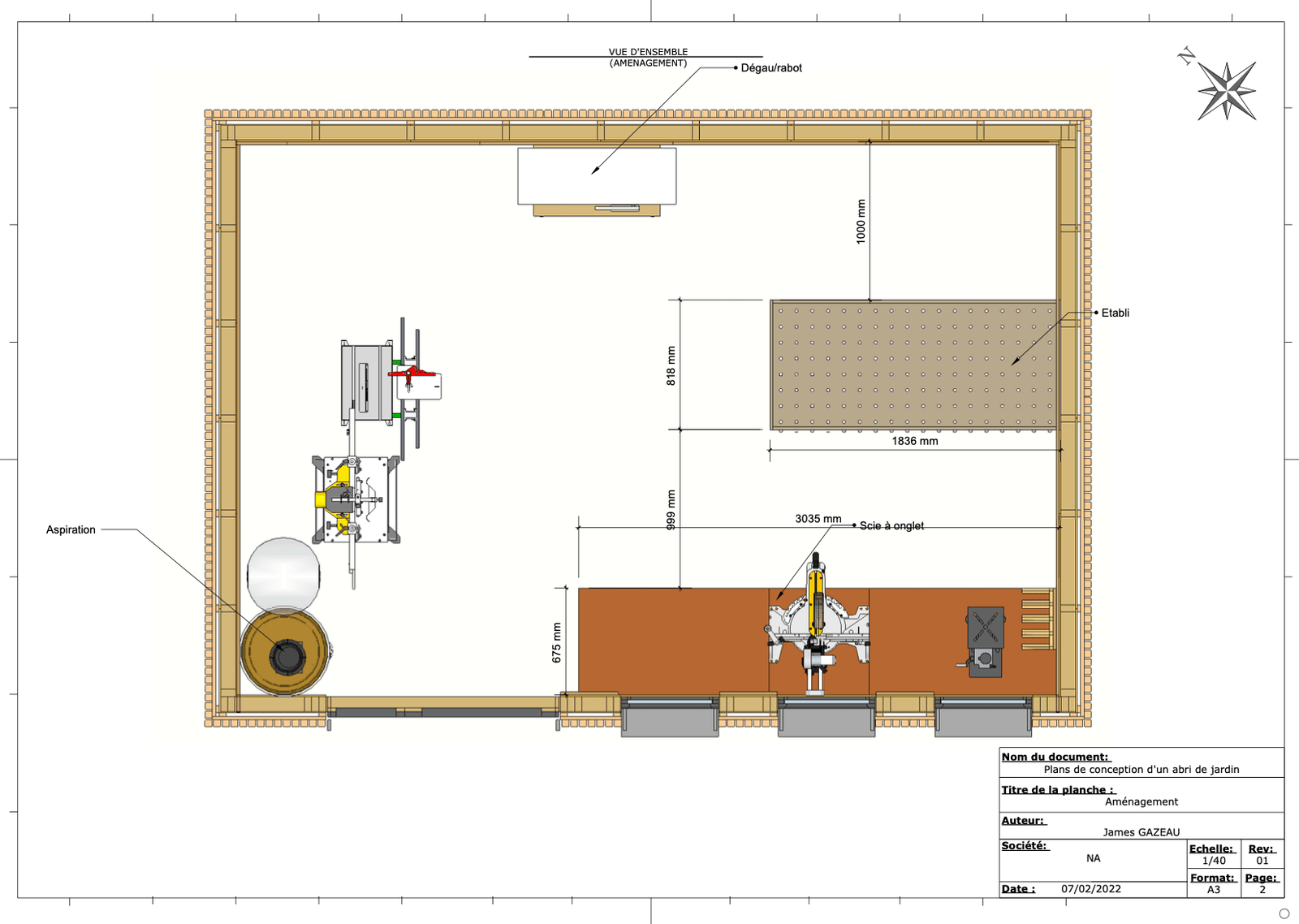 Plan abri de jardin ossature bois vue 3D avec dimensions